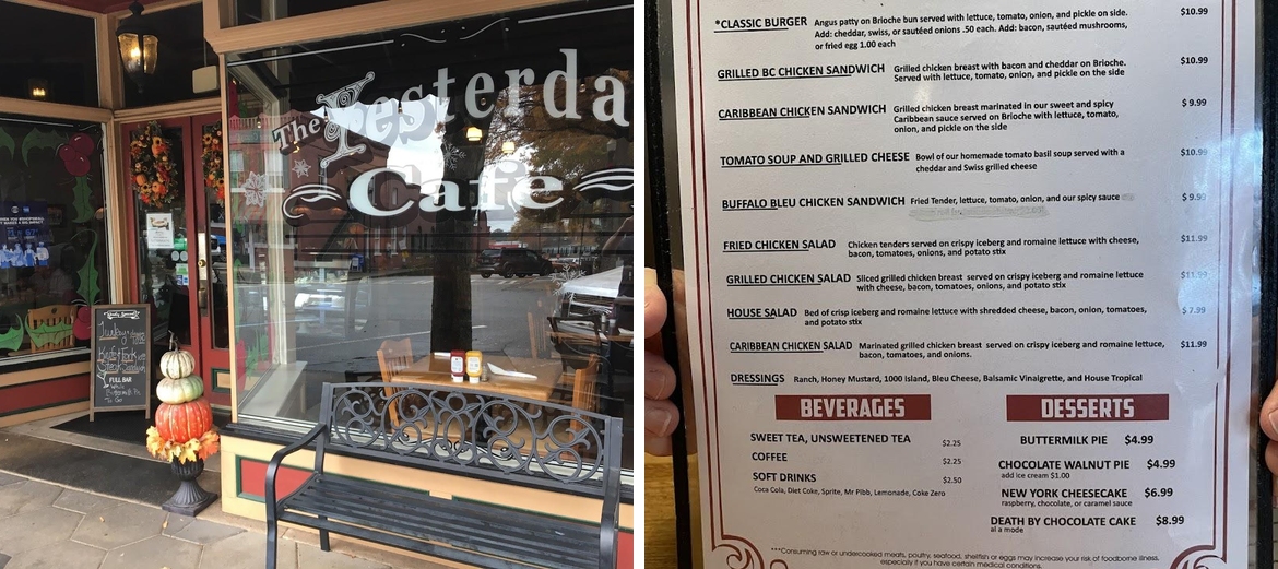 The Yesterday Cafe Menu